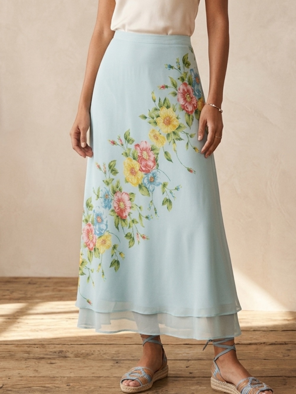 Chadwicks Light Blue Floral Tiered Chiffon Maxi Skirt Size 8 Boho NWOT
